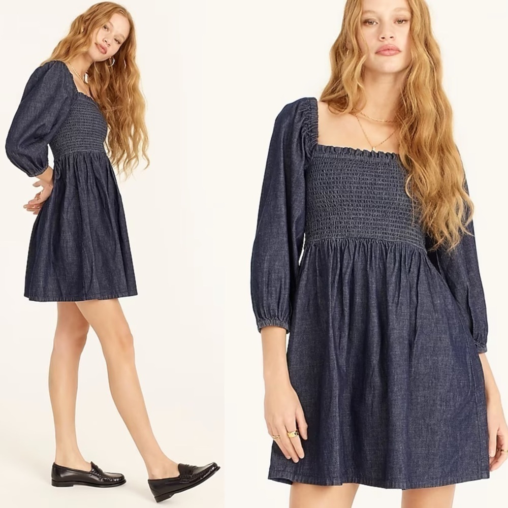J. CREW BG118 COTTON CHAMBRAY DENIM BLUE SMOCKED PUFF SLEEVE MINI DRESS